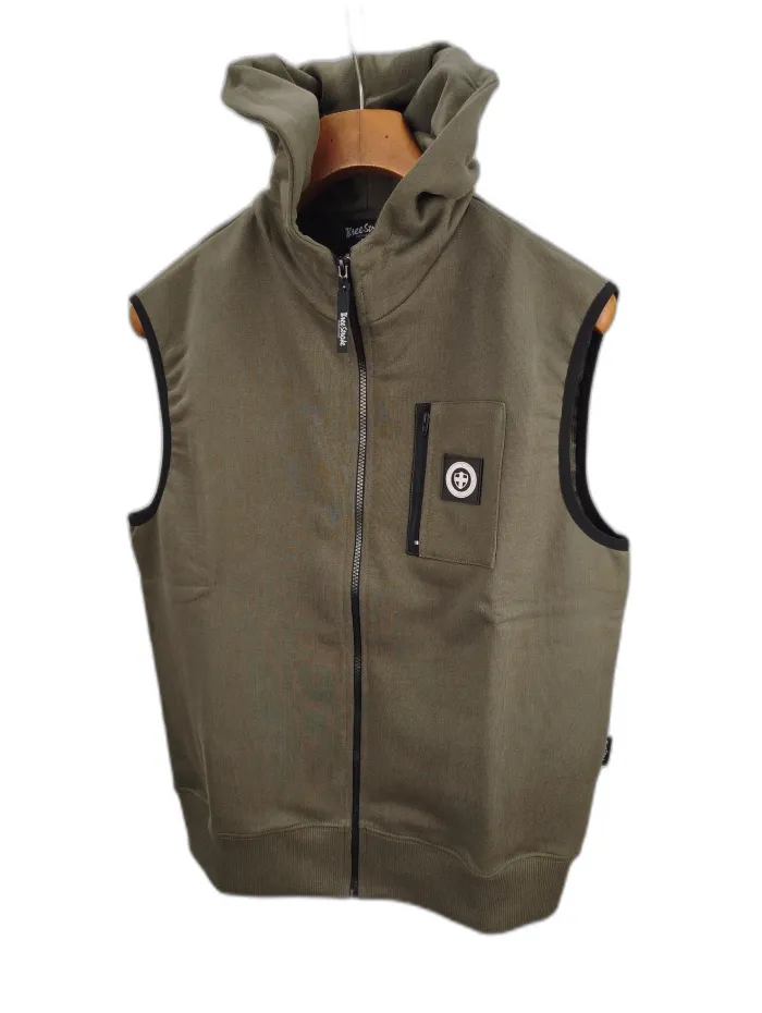 Three Stroke Gilet in felpa garzata  con Cappuccio verde militare 