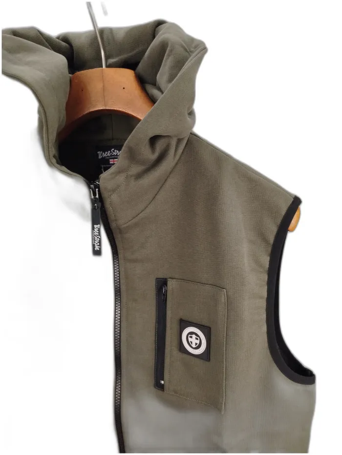 Three Stroke Gilet in felpa garzata  con Cappuccio verde militare 